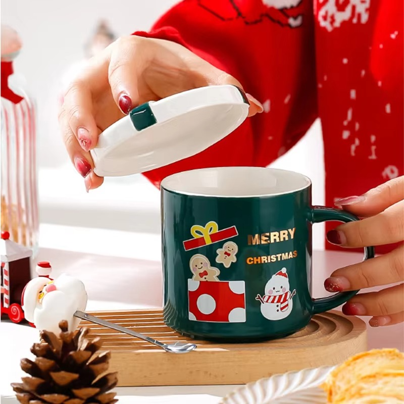 Christmas Mug With Lid and Spoon Santa Claus Ceramic Coffee Cup Elk Snowman Couple water cup Breakfast Dessert Milk Mug Xmas Gif