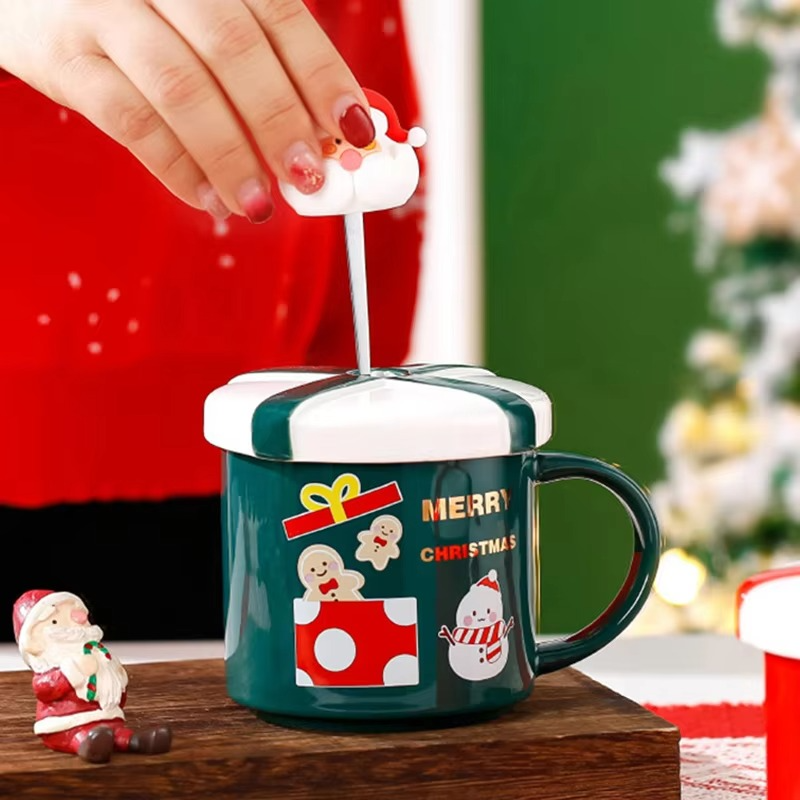 Christmas Mug With Lid and Spoon Santa Claus Ceramic Coffee Cup Elk Snowman Couple water cup Breakfast Dessert Milk Mug Xmas Gif