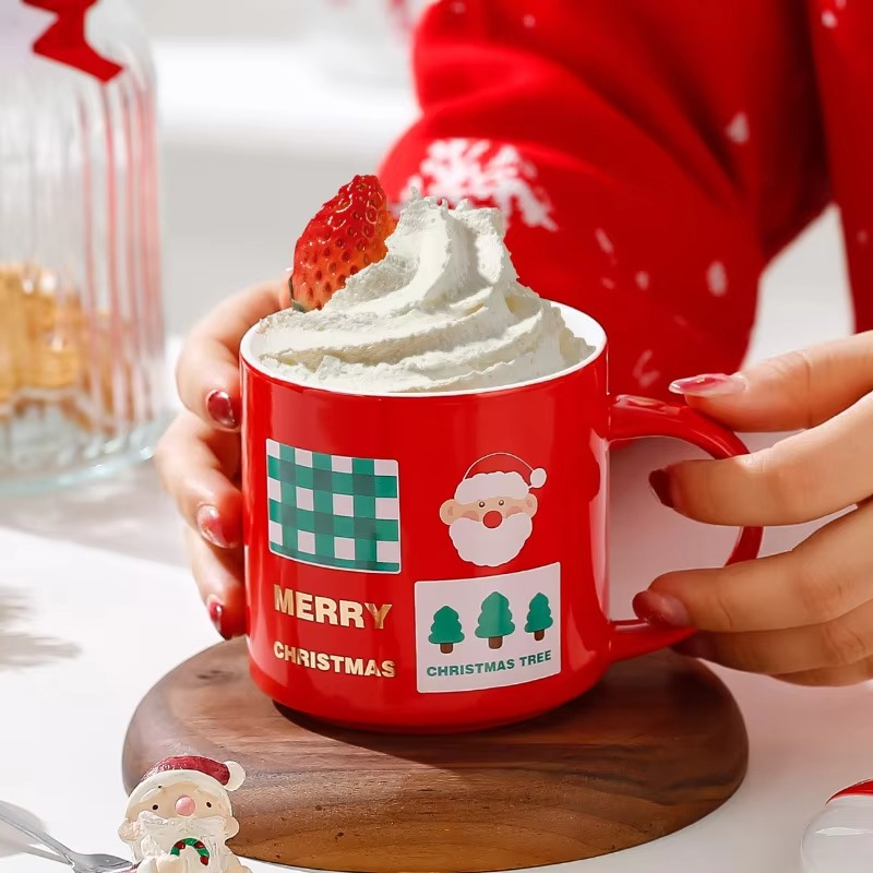 Christmas Mug With Lid and Spoon Santa Claus Ceramic Coffee Cup Elk Snowman Couple water cup Breakfast Dessert Milk Mug Xmas Gif
