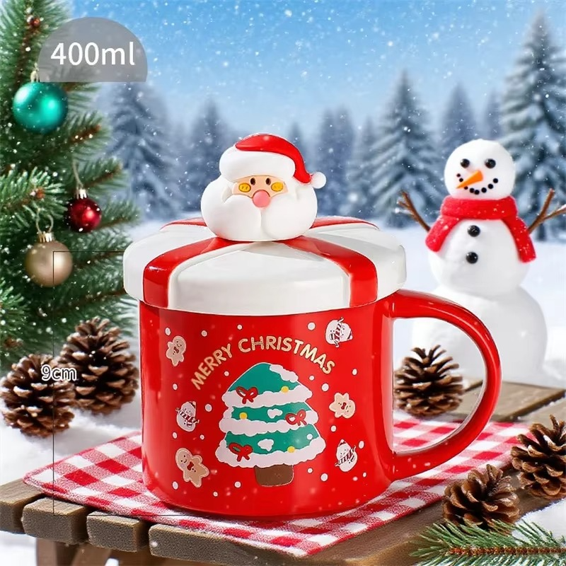 Christmas Mug With Lid and Spoon Santa Claus Ceramic Coffee Cup Elk Snowman Couple water cup Breakfast Dessert Milk Mug Xmas Gif