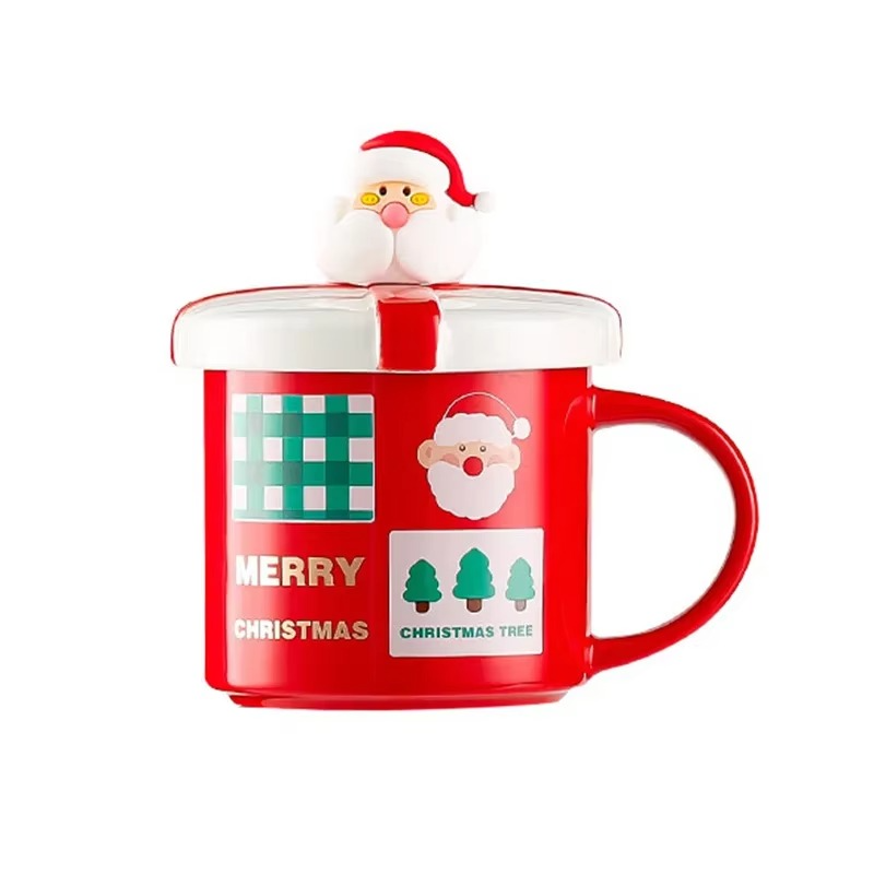 Christmas Mug With Lid and Spoon Santa Claus Ceramic Coffee Cup Elk Snowman Couple water cup Breakfast Dessert Milk Mug Xmas Gif