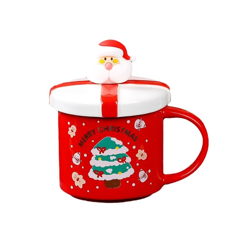 Christmas Mug With Lid and Spoon Santa Claus Ceramic Coffee Cup Elk Snowman Couple water cup Breakfast Dessert Milk Mug Xmas Gif