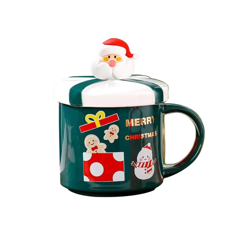 Christmas Mug With Lid and Spoon Santa Claus Ceramic Coffee Cup Elk Snowman Couple water cup Breakfast Dessert Milk Mug Xmas Gif