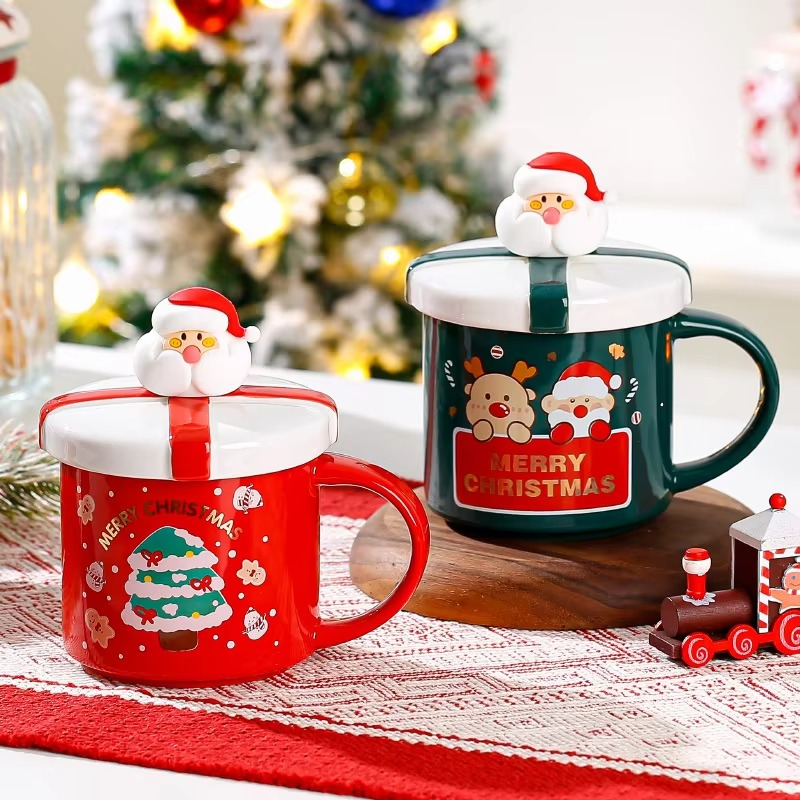 Christmas Mug With Lid and Spoon Santa Claus Ceramic Coffee Cup Elk Snowman Couple water cup Breakfast Dessert Milk Mug Xmas Gif