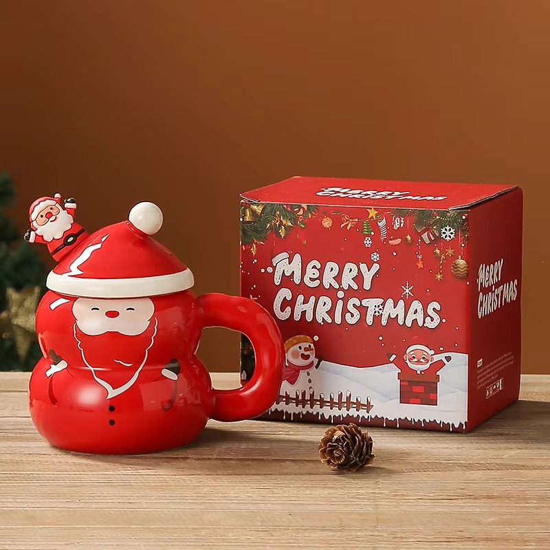 400ML Christmas Mug Christmas Snowman Ceramic Cup With Lid Handle Creative Couple Xmas Gift Milk Coffee Cup For Home With Box