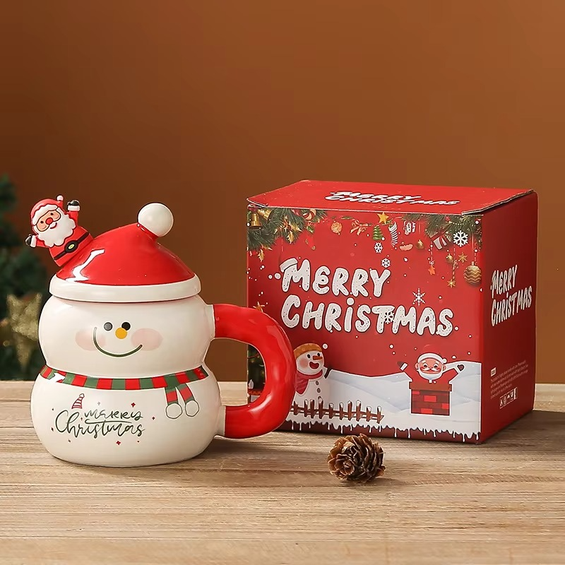 400ML Christmas Mug Christmas Snowman Ceramic Cup With Lid Handle Creative Couple Xmas Gift Milk Coffee Cup For Home With Box