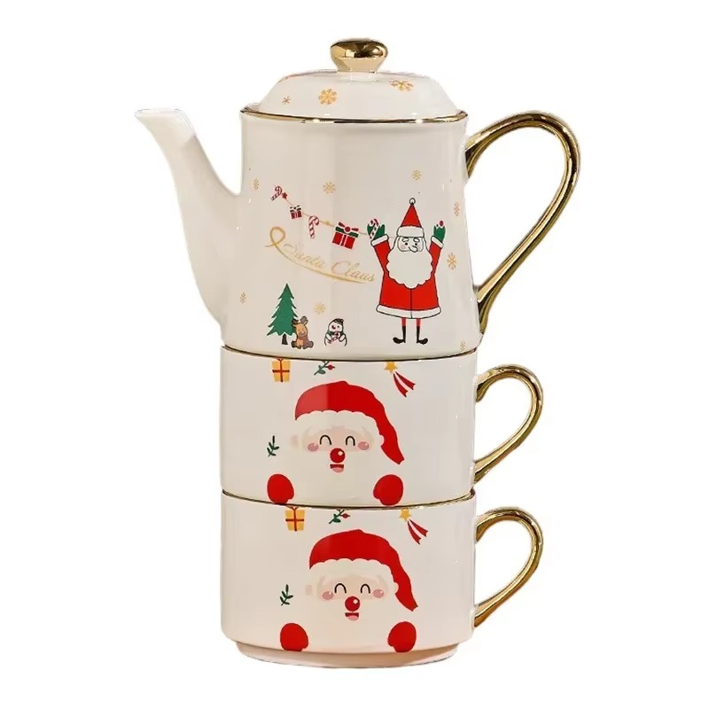 Christmas Theme Teaware Sets Ceramic Tea Cup Teapot Santa Claus Christmas tree Coffee Pot Coffee Mug Gold Handle Xmas Gift