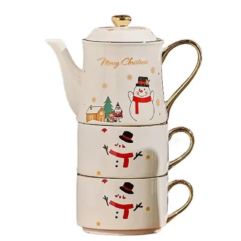 Christmas Theme Teaware Sets Ceramic Tea Cup Teapot Santa Claus Christmas tree Coffee Pot Coffee Mug Gold Handle Xmas Gift