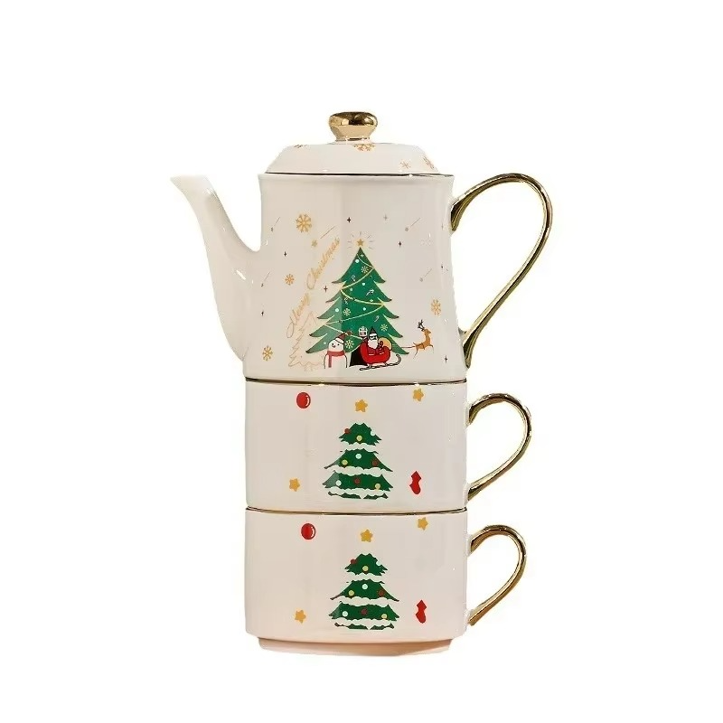 Christmas Theme Teaware Sets Ceramic Tea Cup Teapot Santa Claus Christmas tree Coffee Pot Coffee Mug Gold Handle Xmas Gift
