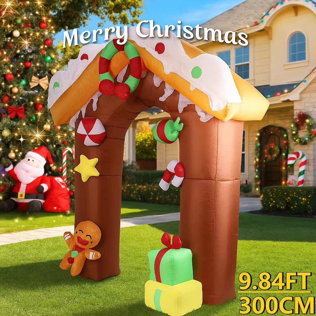 9.84FT Yard Party Decoration Inflatable Gingerbread House Arch Toys LED Light Xmas Home Decor Ornaments Supplies Christmas Gifts