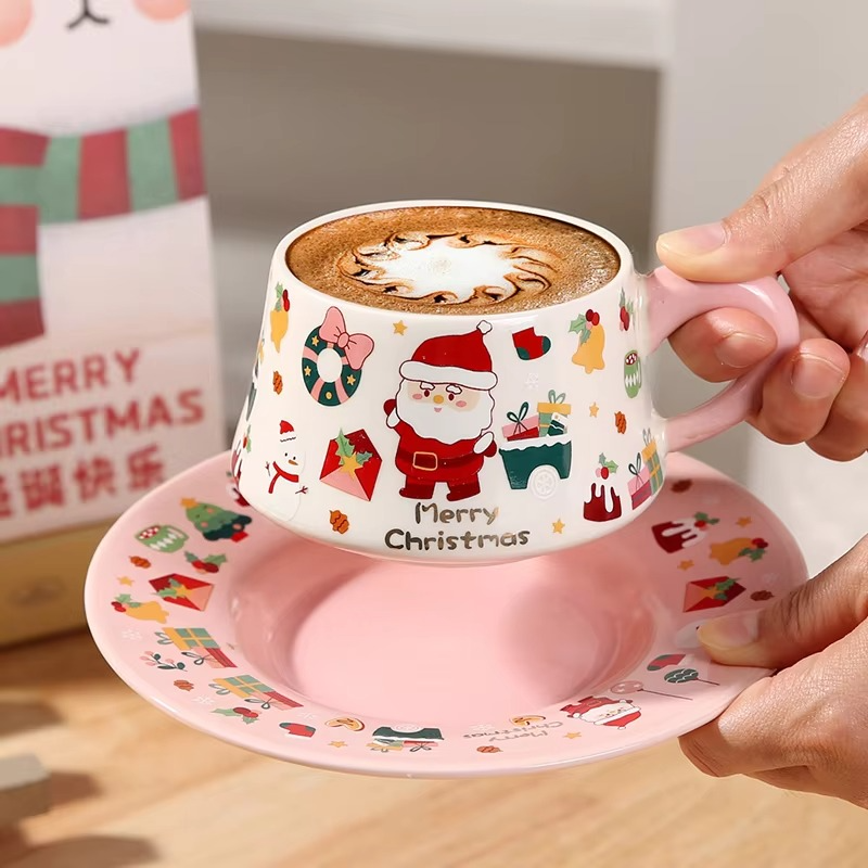 Christmas Ceramic Coffee Mug and Saucer Set Santa Claus Cup Saucer Ceramic Mug Souvenir Cute Cup For Christmas Festival Gifts