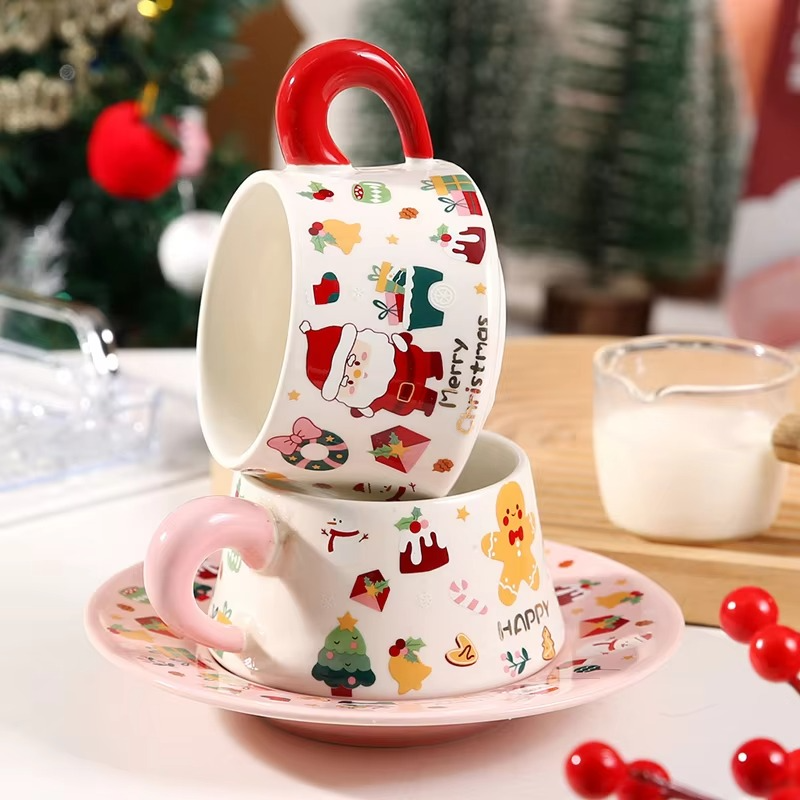 Christmas Ceramic Coffee Mug and Saucer Set Santa Claus Cup Saucer Ceramic Mug Souvenir Cute Cup For Christmas Festival Gifts