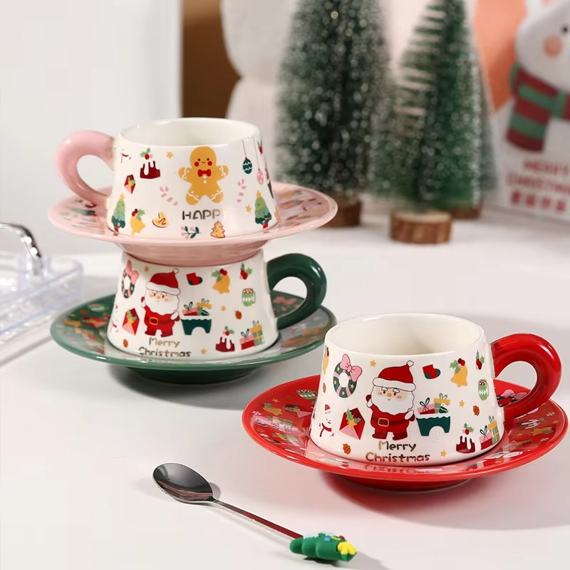Christmas Ceramic Coffee Mug and Saucer Set Santa Claus Cup Saucer Ceramic Mug Souvenir Cute Cup For Christmas Festival Gifts