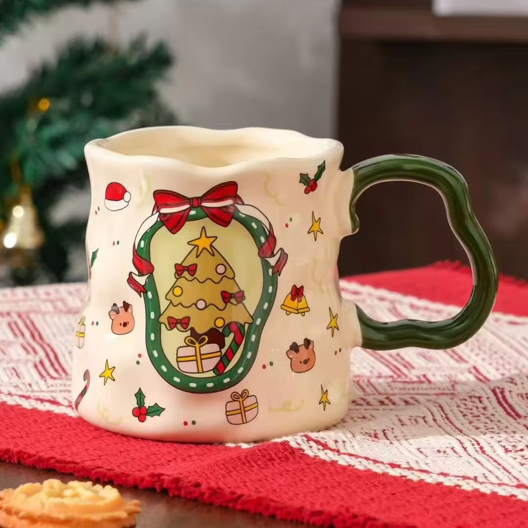 Christmas Ceramic Cup Set, 380ML Festive Mugs with Snowman/Santa/Tree Patterns, Cute Design, Ideal Xmas Gift & Drinkware, 4 Styl