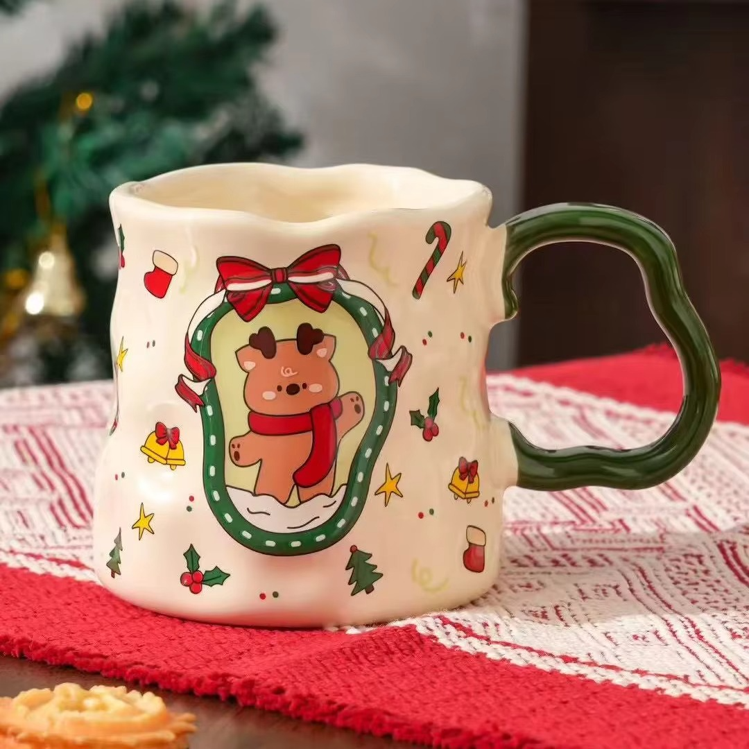 Christmas Ceramic Cup Set, 380ML Festive Mugs with Snowman/Santa/Tree Patterns, Cute Design, Ideal Xmas Gift & Drinkware, 4 Styl