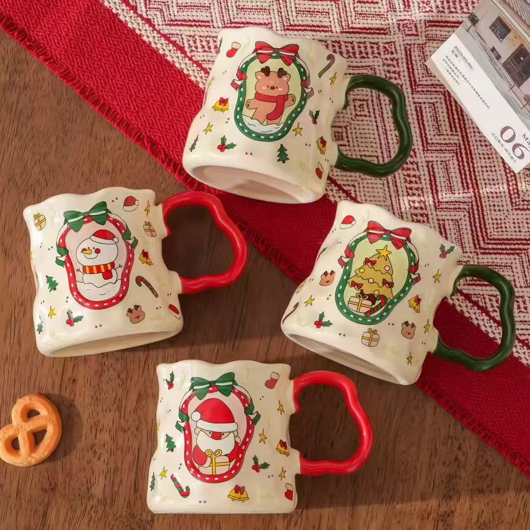 Christmas Ceramic Cup Set, 380ML Festive Mugs with Snowman/Santa/Tree Patterns, Cute Design, Ideal Xmas Gift & Drinkware, 4 Styl