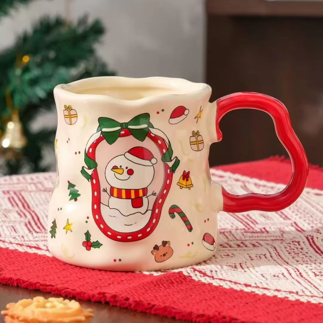 Christmas Ceramic Cup Set, 380ML Festive Mugs with Snowman/Santa/Tree Patterns, Cute Design, Ideal Xmas Gift & Drinkware, 4 Styl