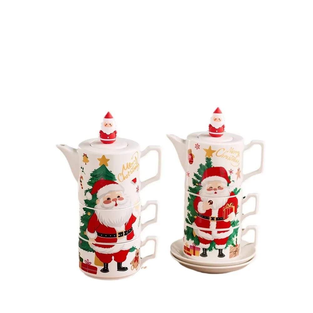 Hot Selling Christmas Ceramic Teapot with Special Christmas Gift Set One Pot and Two Cups Gold Plated Tea Set