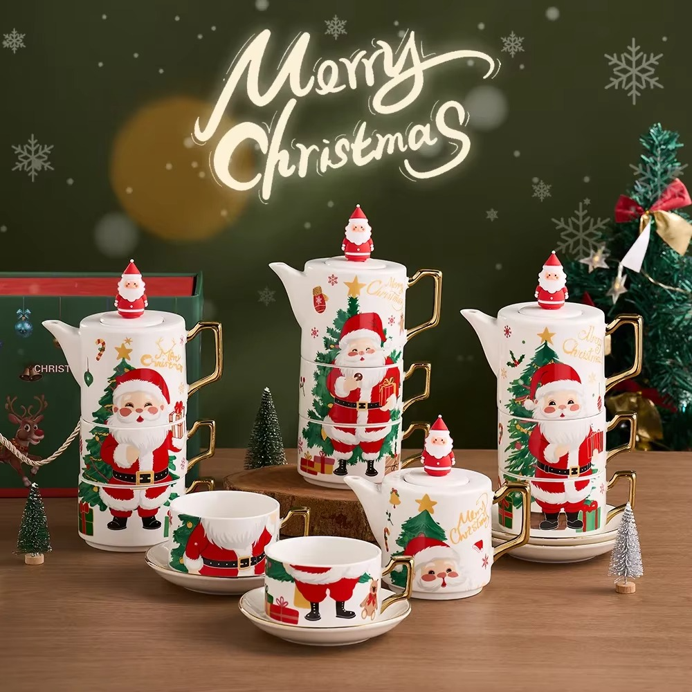 Hot Selling Christmas Ceramic Teapot with Special Christmas Gift Set One Pot and Two Cups Gold Plated Tea Set