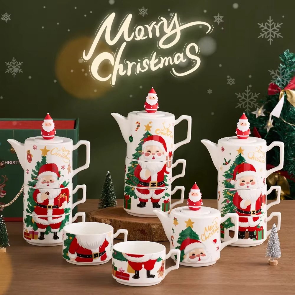 Hot Selling Christmas Ceramic Teapot with Special Christmas Gift Set One Pot and Two Cups Gold Plated Tea Set