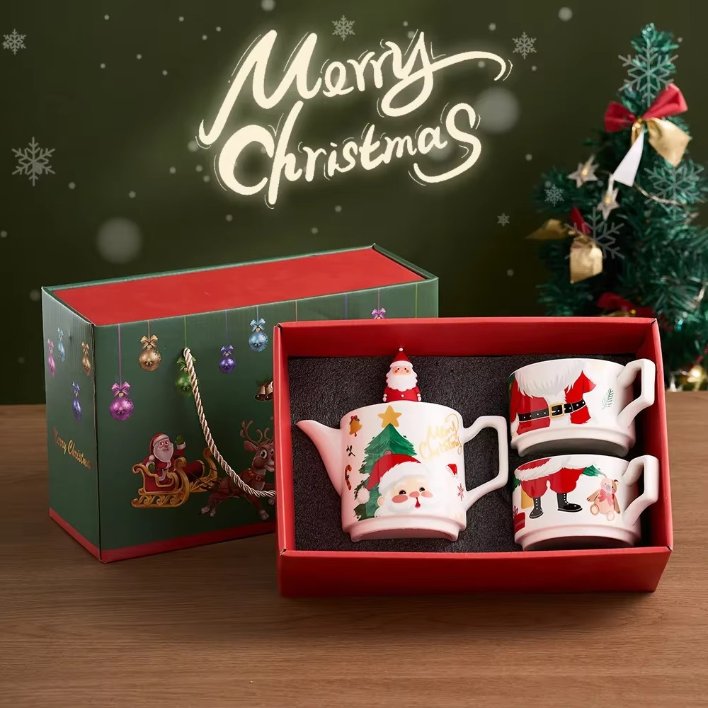 Hot Selling Christmas Ceramic Teapot with Special Christmas Gift Set One Pot and Two Cups Gold Plated Tea Set