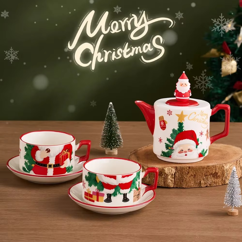 Hot Selling Christmas Ceramic Teapot with Special Christmas Gift Set One Pot and Two Cups Gold Plated Tea Set