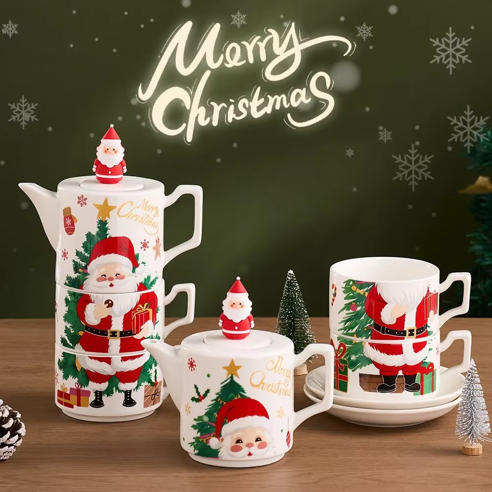Hot Selling Christmas Ceramic Teapot with Special Christmas Gift Set One Pot and Two Cups Gold Plated Tea Set