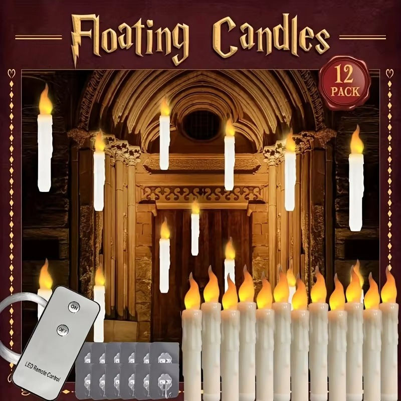 Floating LED Candles 12 Pack Remote Control Halloween Christmas Decor for Party Church Bedroom Classroom Indoor Plastic Bottle
