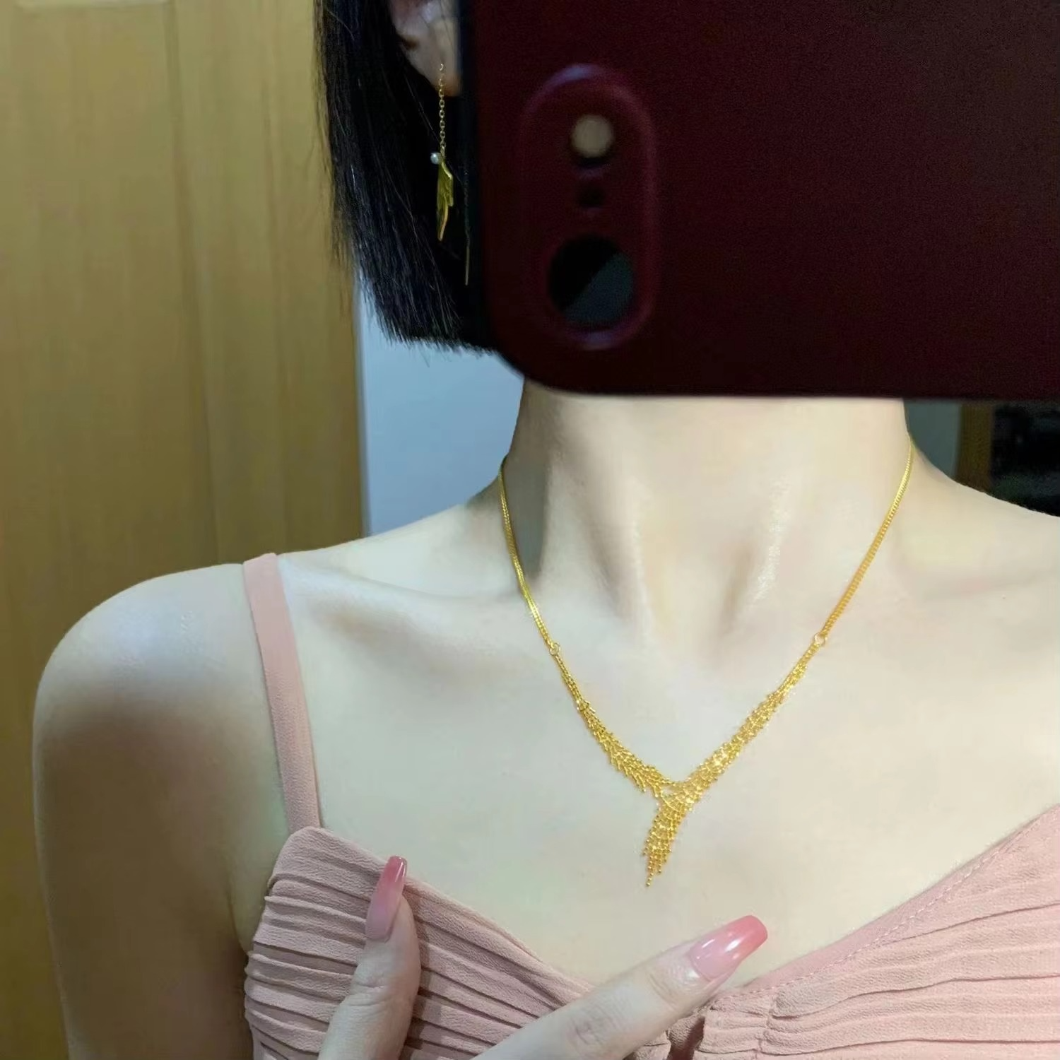 Luxurious 9999 24K real gold lace tassel necklace, individual, sweet, exquisite and sexy collarbone chain women's accessory