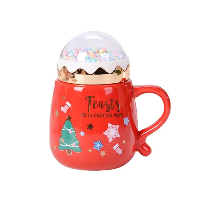 Christmas Mugs Set with Lid and Spoon Xmas Gift Box Set Ceramic Cartoon Couples Santa Claus Milk Cocoa Cup For Home Office
