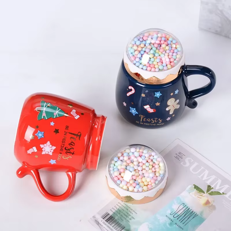 Christmas Mugs Set with Lid and Spoon Xmas Gift Box Set Ceramic Cartoon Couples Santa Claus Milk Cocoa Cup For Home Office
