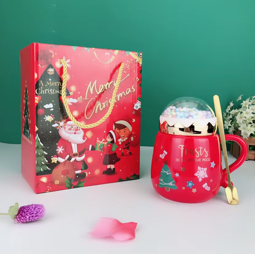 Christmas Mugs Set with Lid and Spoon Xmas Gift Box Set Ceramic Cartoon Couples Santa Claus Milk Cocoa Cup For Home Office