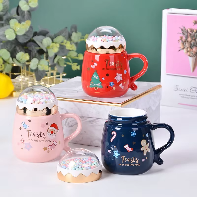 Christmas Mugs Set with Lid and Spoon Xmas Gift Box Set Ceramic Cartoon Couples Santa Claus Milk Cocoa Cup For Home Office