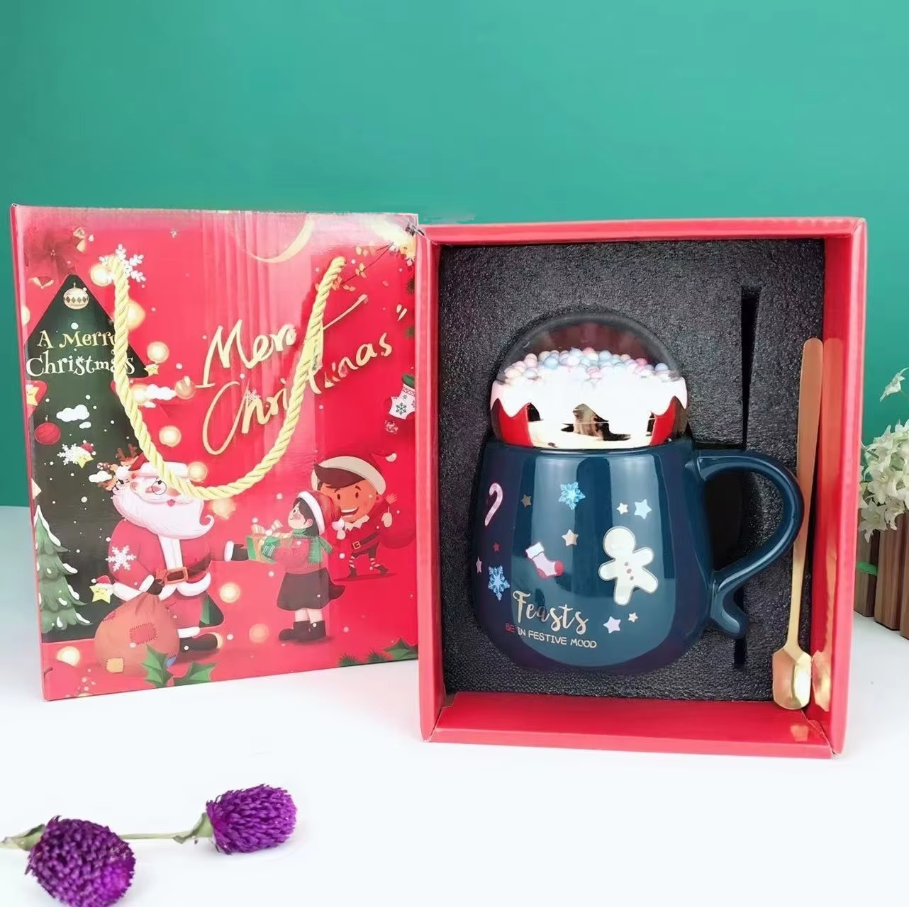 Christmas Mugs Set with Lid and Spoon Xmas Gift Box Set Ceramic Cartoon Couples Santa Claus Milk Cocoa Cup For Home Office
