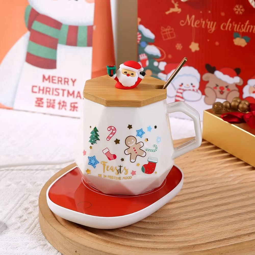 2025 Christmas Gift Set: Warm 55℃ Ceramic Mug with Lid featuring Santa Claus for Office or Home Use
