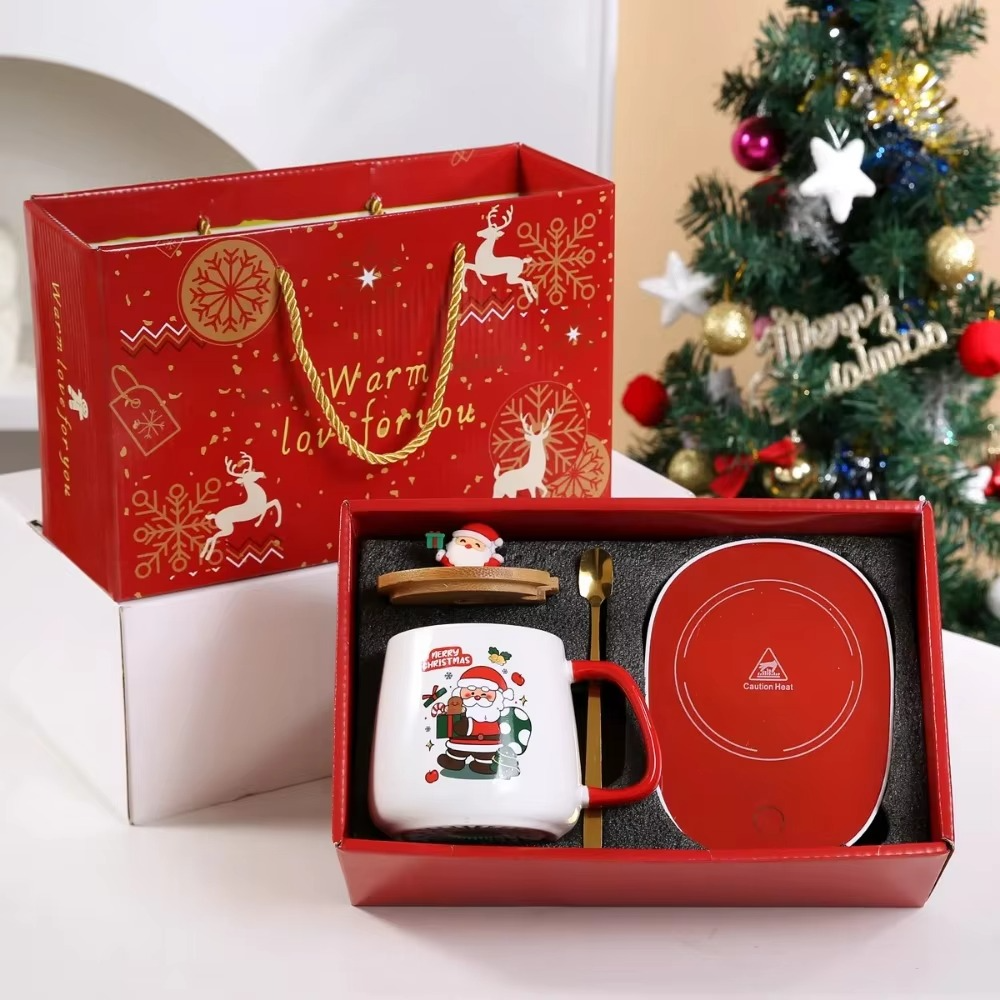 2025 Christmas Gift Set: Warm 55℃ Ceramic Mug with Lid featuring Santa Claus for Office or Home Use