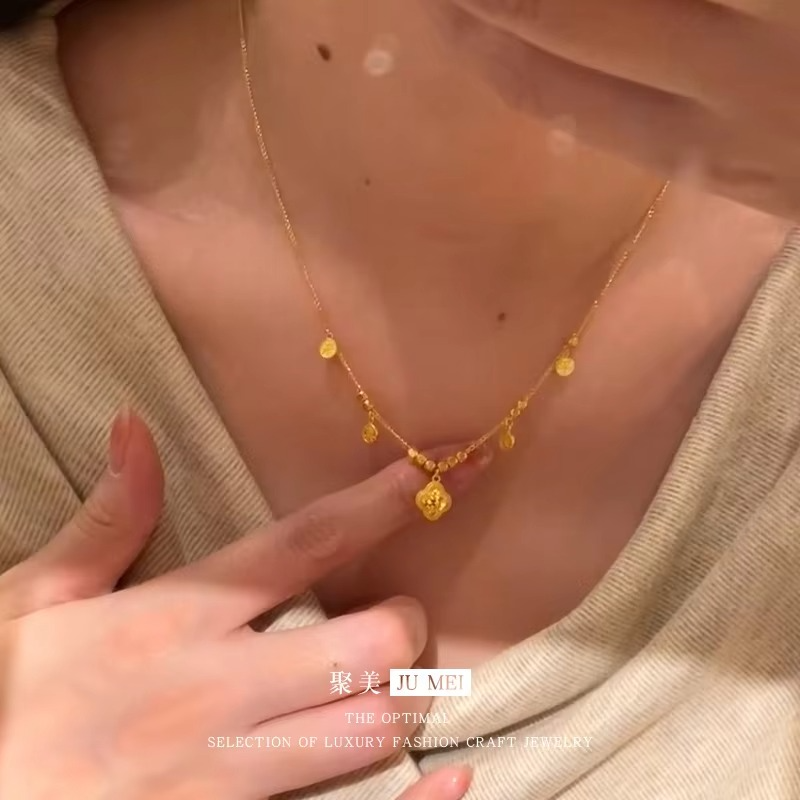 Luxurious 24K real gold ancient method broken ice hoist necklace for women au999 gold blessing brand pendant collarbone chain