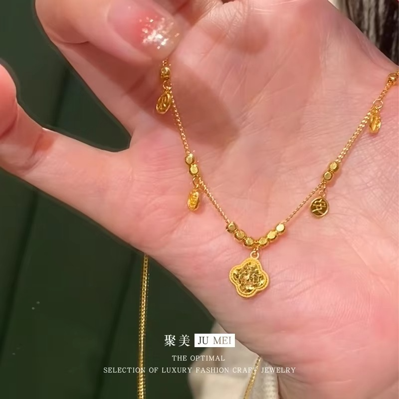 Luxurious 24K real gold ancient method broken ice hoist necklace for women au999 gold blessing brand pendant collarbone chain