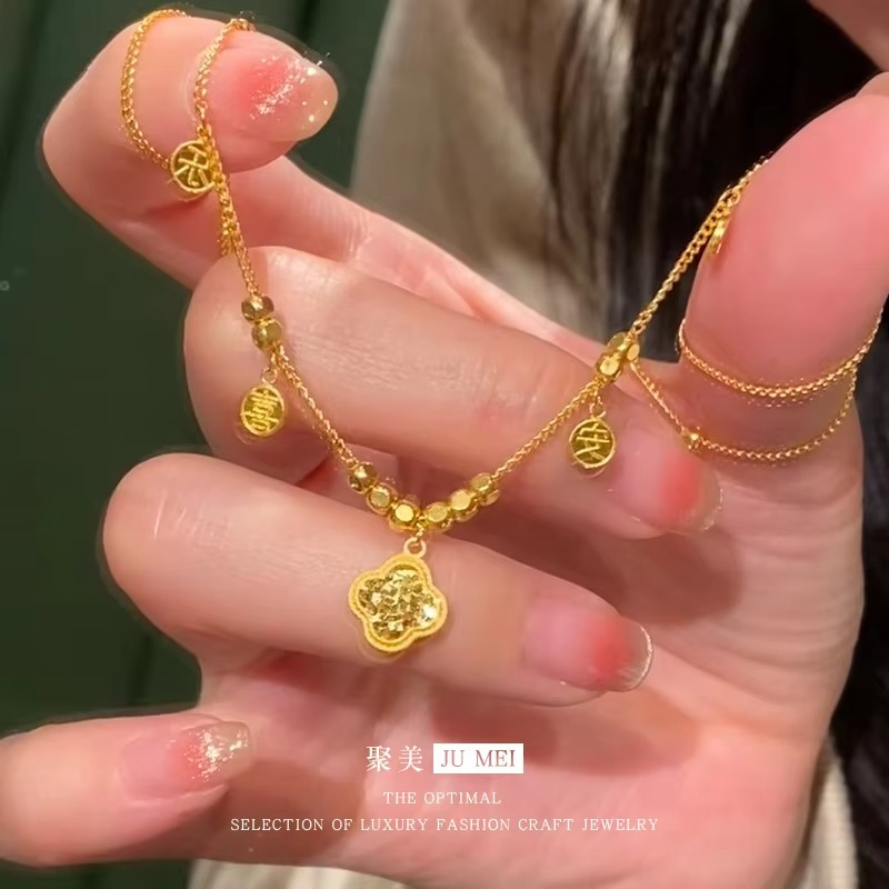 Luxurious 24K real gold ancient method broken ice hoist necklace for women au999 gold blessing brand pendant collarbone chain