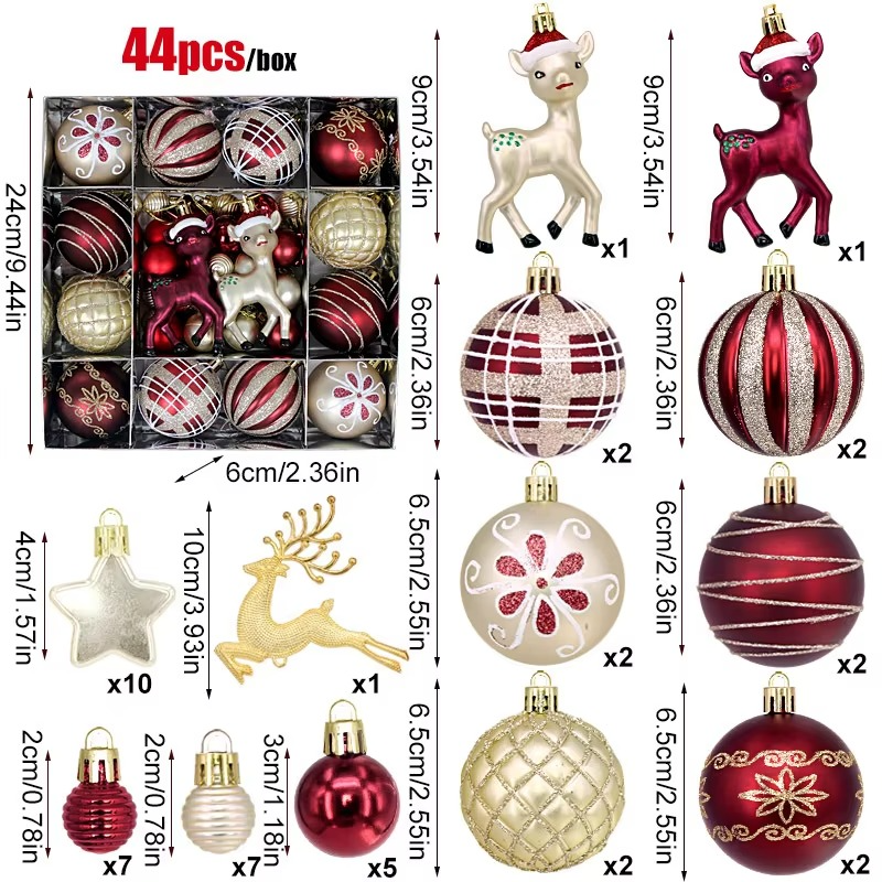 44pcs 6cm Christmas Balls Deer Santa Claus Xmas Tree Hanging Ornament Home Chirstmas Party Decoration New Year Gift Navidad 2025