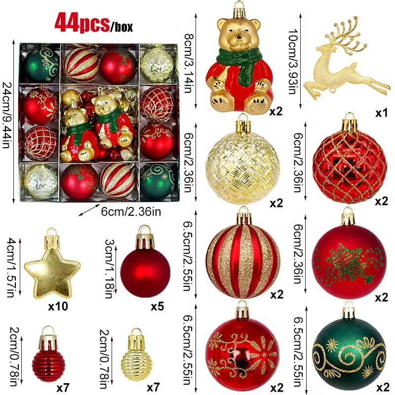 44pcs 6cm Christmas Balls Deer Santa Claus Xmas Tree Hanging Ornament Home Chirstmas Party Decoration New Year Gift Navidad 2025