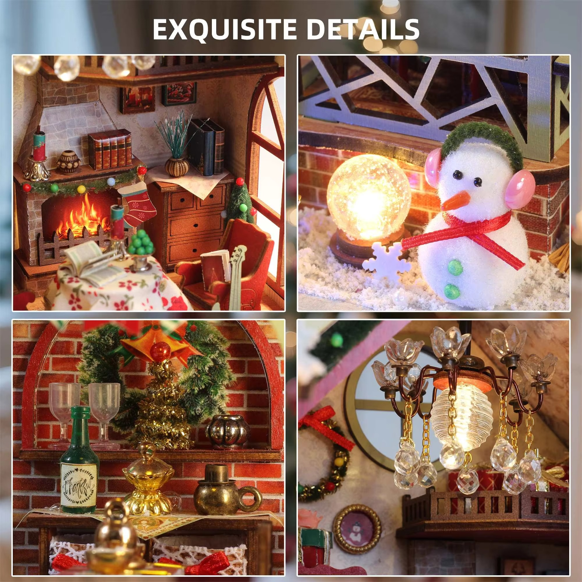 Christmas Night Warm House - Miniature Dollhouse DIY Kit with Music Box, Desktop Decor, Creative Gift (English Color Box)