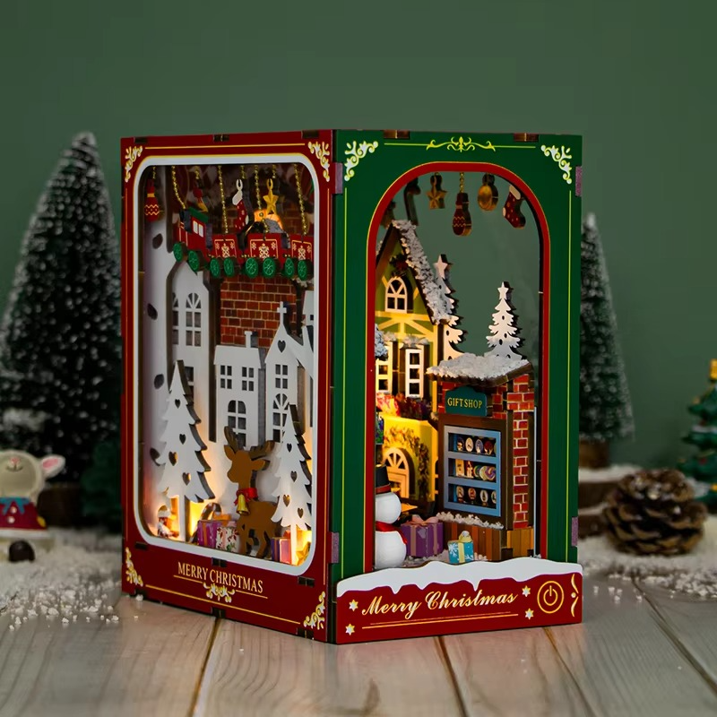 Christmas Book Nook DIY Wooden House Kit - 3D Puzzle Miniature Cabin Model, Creative Bookshelf Decor, Unique Holiday Gift Craft