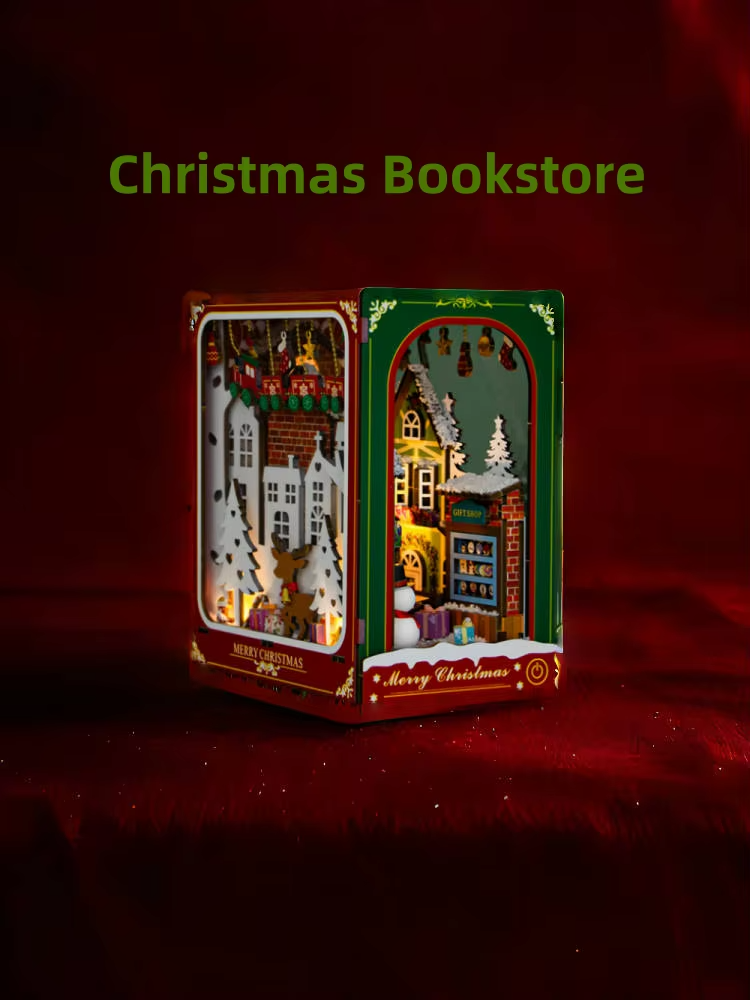 Wooden DIY Mini Christmas Shop Book Nook Figurines Miniatures Bookend Handmade Bookshelf for Christmas Gifts Home Decor