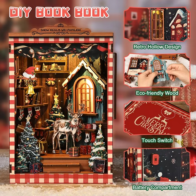 New Snow Globe DIY Miniature Book Nook - 3D Puzzle House Architecture Model Kit, Christmas & Black Friday Bookend Craft Gift