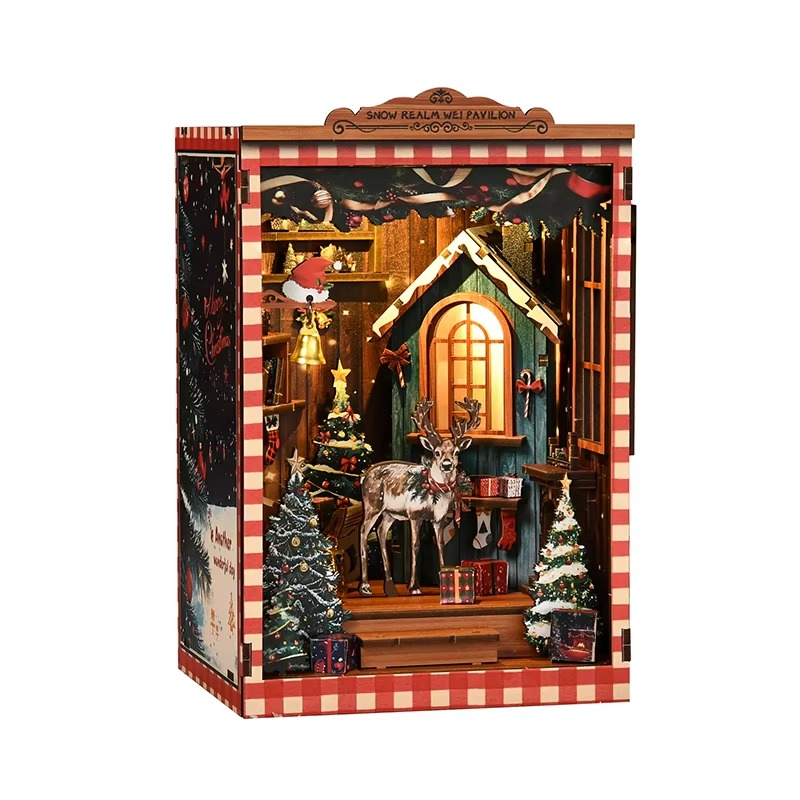 New Snow Globe DIY Miniature Book Nook - 3D Puzzle House Architecture Model Kit, Christmas & Black Friday Bookend Craft Gift