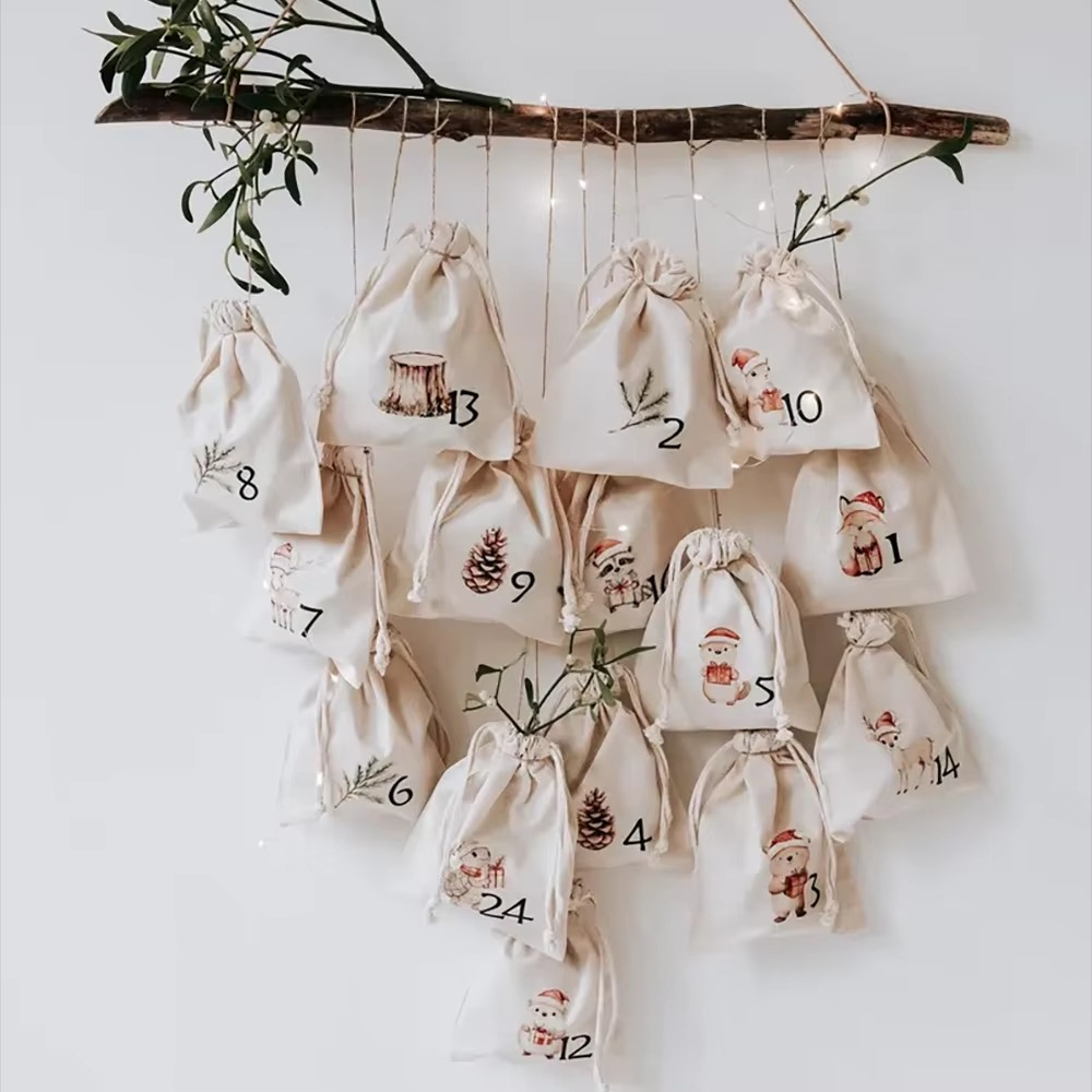 24Pcs Advent Calendar Candy Gift Present Bags Diy Christmas Tree Ornament Kid Gift Merry Xmas Eve Countdown Wall Hanging Decor