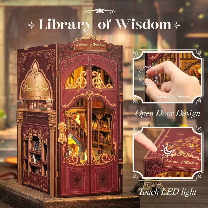 CUTEBEE Wooden Doll House Book Nook Kit Miniature House Model with Dust Cover Library of Wisdom for Christmas Gift Idea