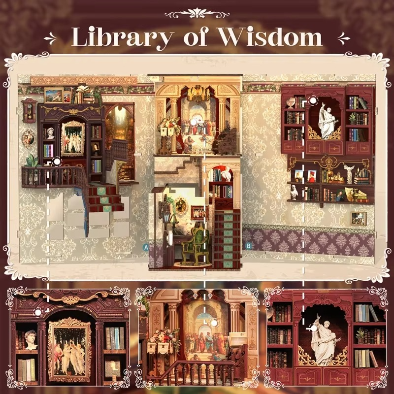 CUTEBEE Wooden Doll House Book Nook Kit Miniature House Model with Dust Cover Library of Wisdom for Christmas Gift Idea