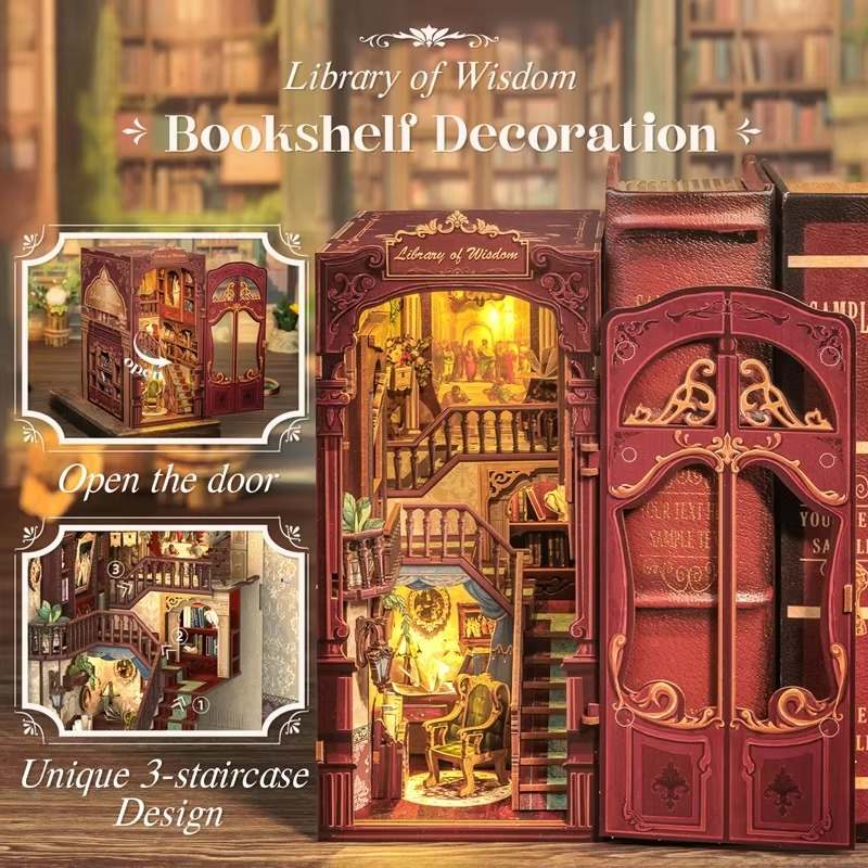 CUTEBEE Wooden Doll House Book Nook Kit Miniature House Model with Dust Cover Library of Wisdom for Christmas Gift Idea